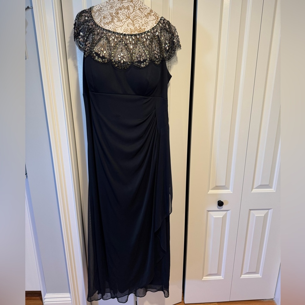 Xscape Navy Gown with Embellished Neckline